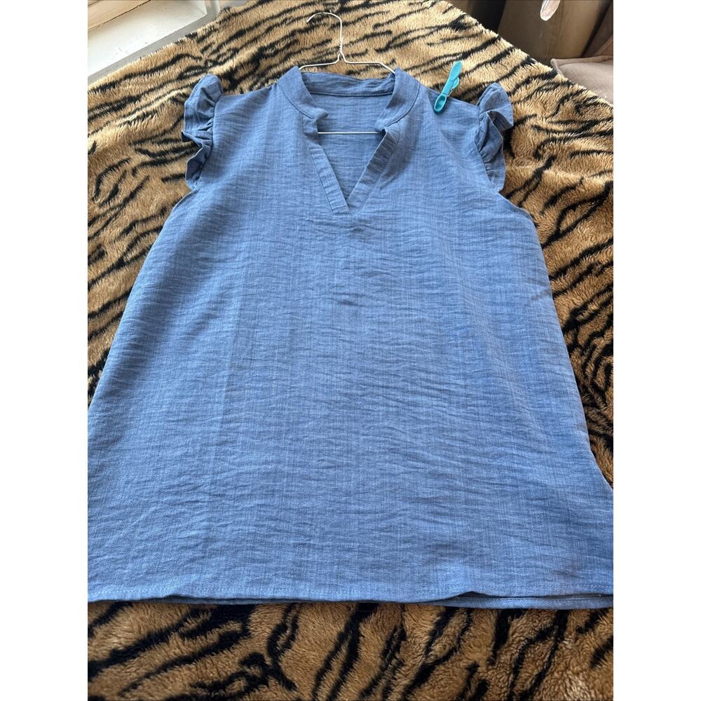 shirts women size medium shein Ruffle Sleeves Blue V Neck Summer Classic